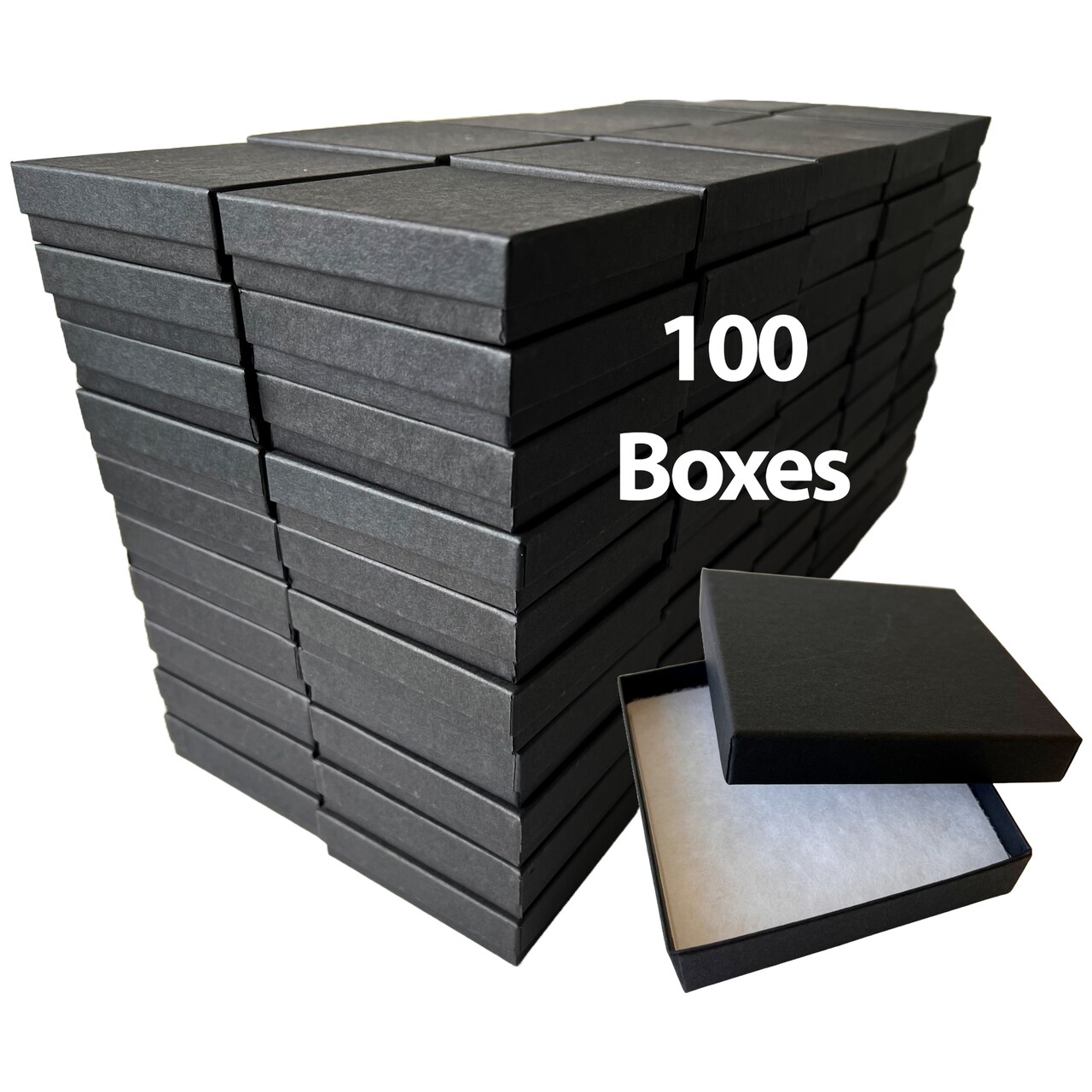 MADE IN USA - 100 Boxes - Matte Black Jewelry Boxes with Cotton Filling - 3.5"x3.5"x7/8"